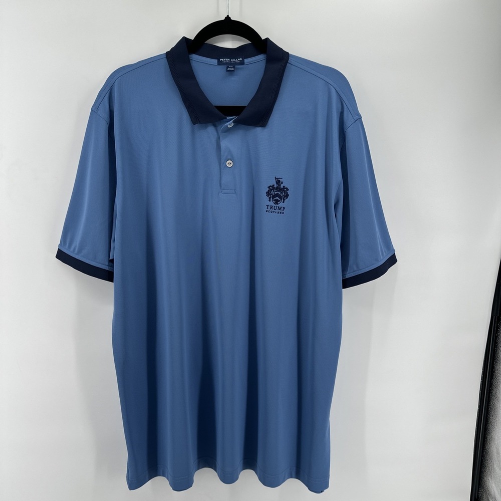 Peter Millar Crown Crafted Mens XXL Blue Performance Golf Polo Trump Scotland